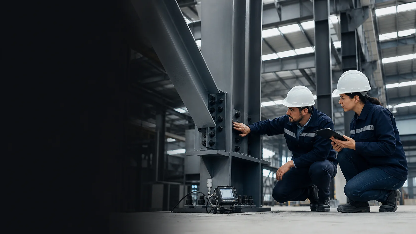 Ingenieros inspeccionando una estructura de acero industrial